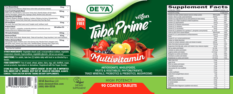 Vegan Tuba Prime Iron-Free (Deva Nutrition LLC) Label