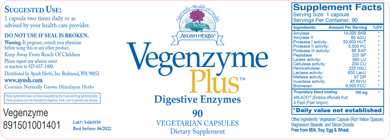 Vegenzyme Plus (Ayush Herbs) Label