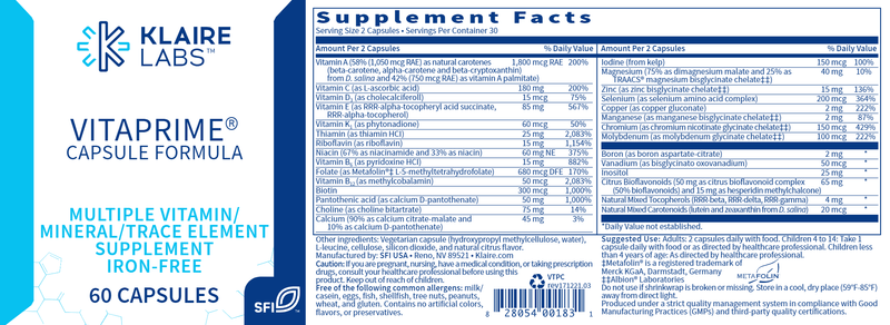 VitaPrime Capsules Iron Free (Klaire Labs) Label