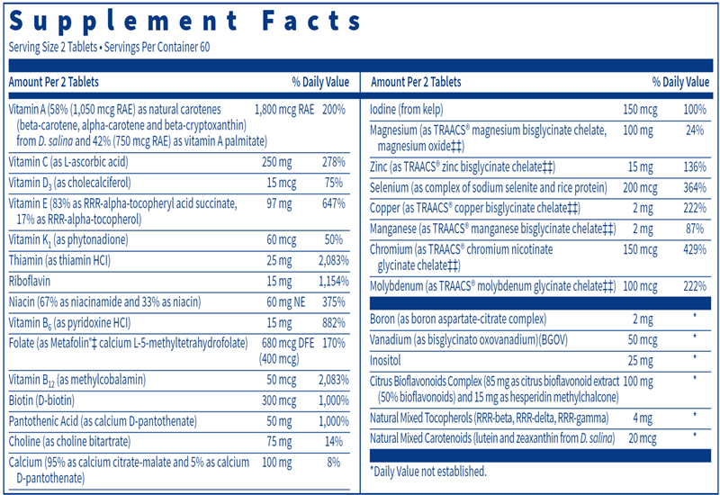 VitaPrime Tablets Iron Free (Klaire Labs) 120ct Supplement facts