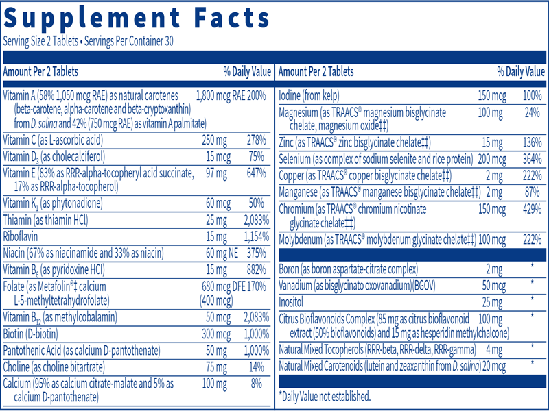 VitaPrime Tablets Iron Free (Klaire Labs) 60ct Supplement facts