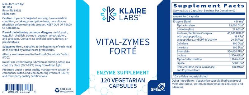 Vital-Zymes Forte (Klaire Labs) Label