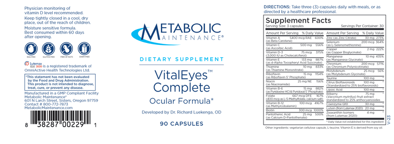 vitaleyes complete ocular formula (metabolic maintenance) label