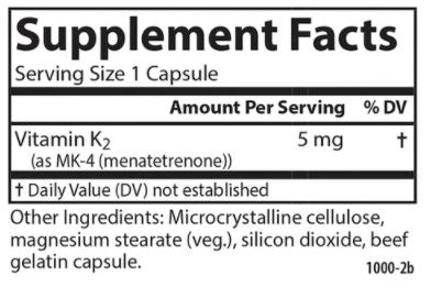 Vitamin K2 5 mg 180 Count Supplement Facts Label