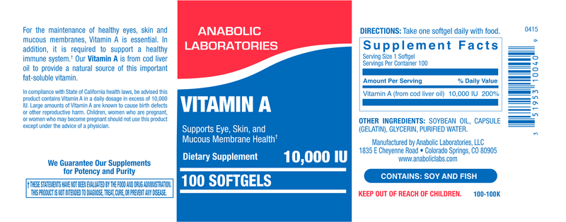Vitamin A 10,000 IU (Anabolic Laboratories) Label