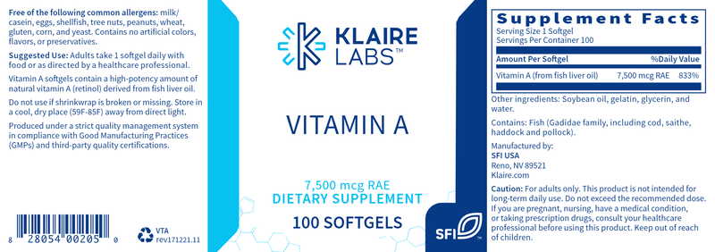 Vitamin A 25,000IU (Klaire Labs) Label
