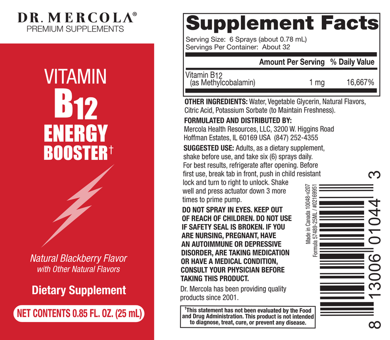 Vitamin B-12 Energy Booster (Dr. Mercola) Label
