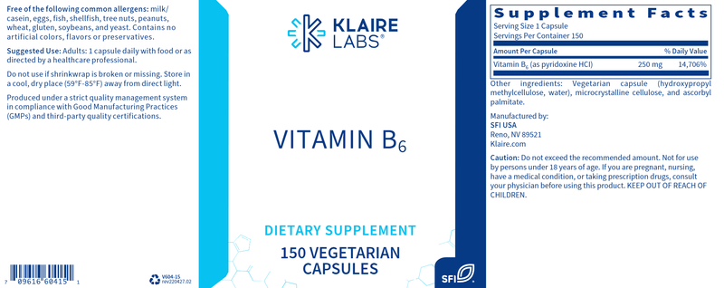 Vitamin B6 250 mg (Klaire Labs) Label