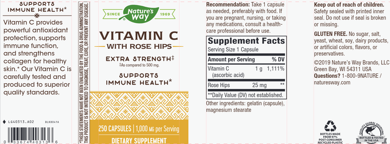 Vitamin C 1,000 with Rose Hips 250 capsules (Nature's Way) label