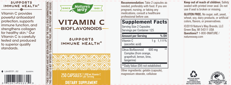 Vitamin C 500 with Bioflavonoids 250 capsules (Nature's Way) label