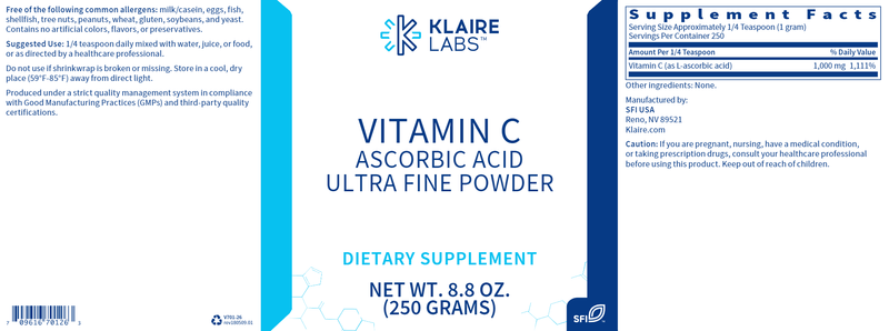 Vitamin C Ascorbic Acid Fine Powder (Klaire Labs) Label