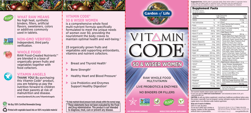 Vitamin Code 50 & Wise Women's Multi (Garden of Life) Label
