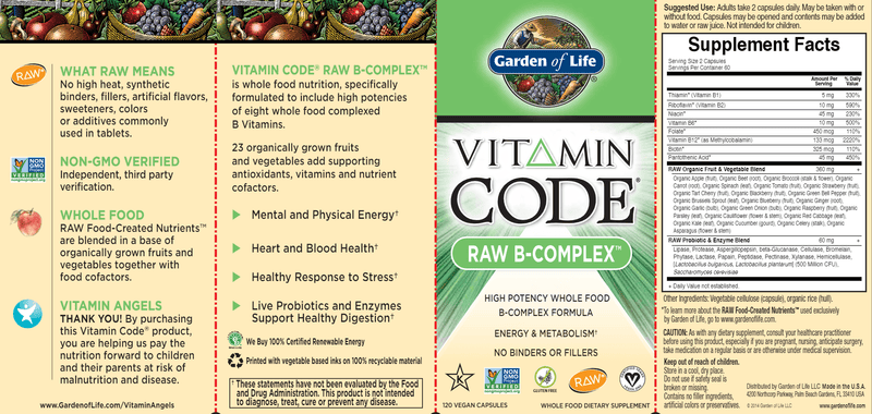 Vitamin Code Raw B Complex (Garden of Life) Label