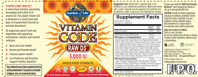 Vitamin Code Raw D3 5000 (Garden of Life) Label