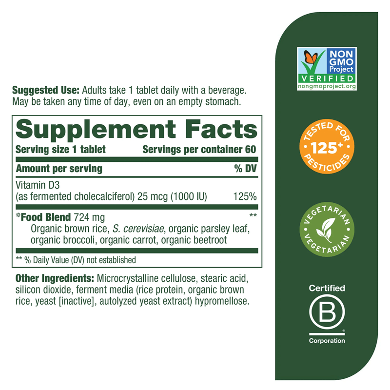 Vitamin D-3 1000 IU 60ct (MegaFood) supplement facts