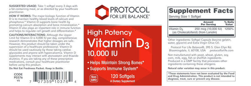 Vitamin D-3 10,000 IU (Protocol for Life Balance) Label