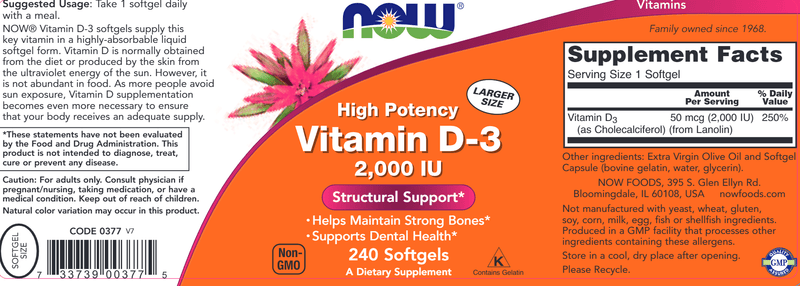 Vitamin D-3 2000 IU (NOW) Label