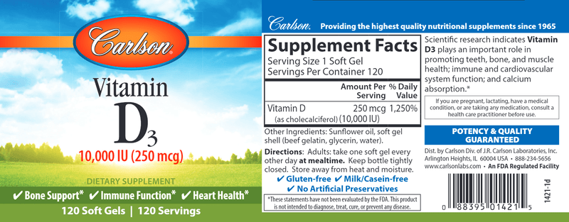 Vitamin D3 10000 IU (Carlson Labs) label