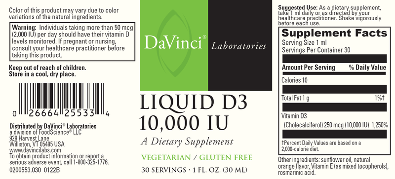 Vitamin D3 10000 IU (DaVinci Labs) label
