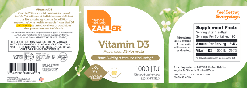 Vitamin D3 1000 IU (Advanced Nutrition by Zahler) Label