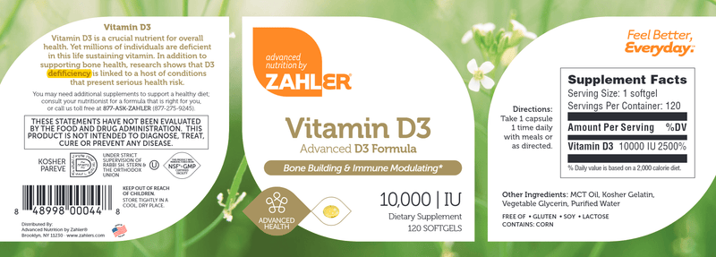 Vitamin D3 10,000 IU (Advanced Nutrition by Zahler) Label