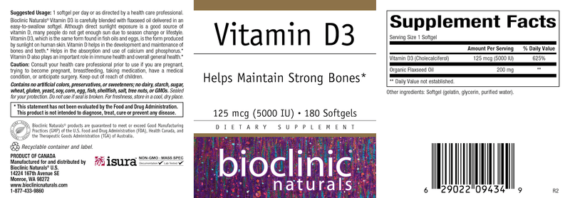 Vitamin D3 125 mcg (Bioclinic Naturals) Label