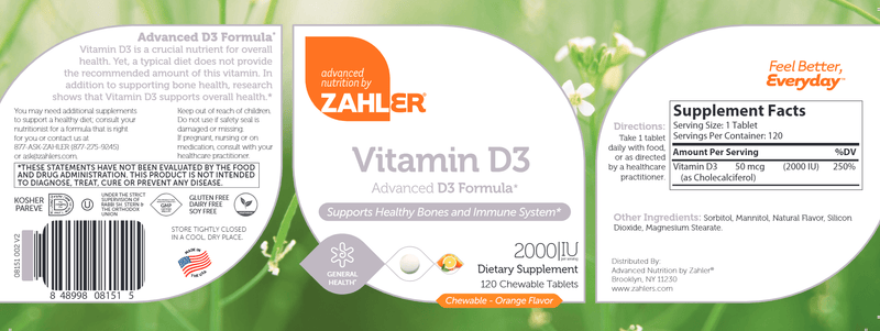 Vitamin D3 2000 IU Chewable (Advanced Nutrition by Zahler) Label