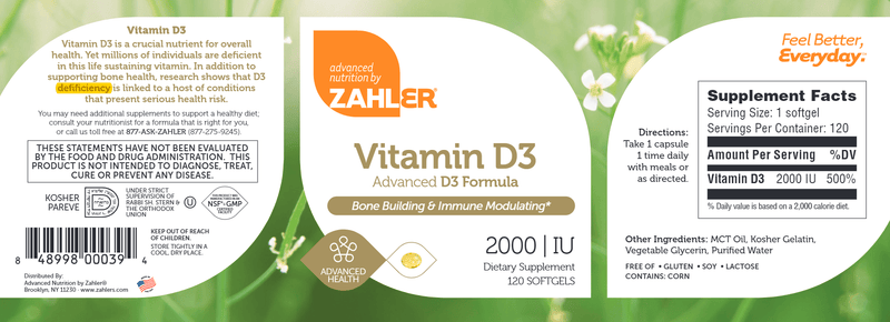 Vitamin D3 2000 IU Softgels (Advanced Nutrition by Zahler) 120ct Label