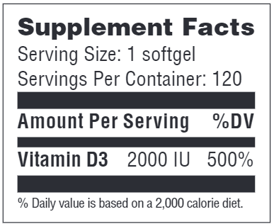 Vitamin D3 2000 IU Softgels (Advanced Nutrition by Zahler) 120ct Supplement Facts