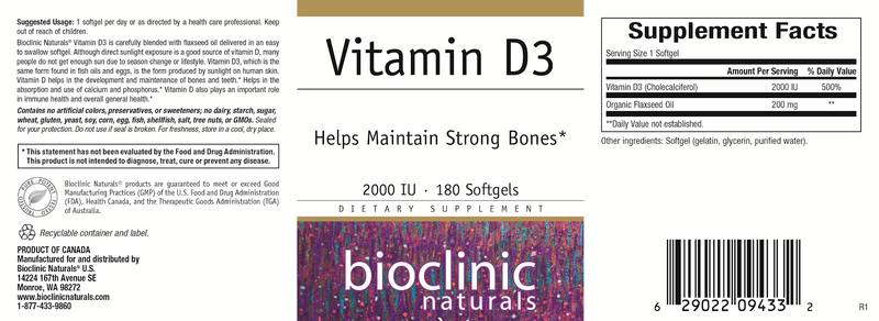 Vitamin D3 2000 IU (Bioclinic Naturals) Label