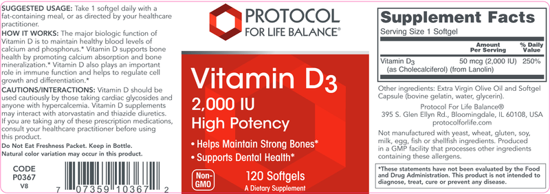 Vitamin D3 2000 IU (Protocol for Life Balance) Label