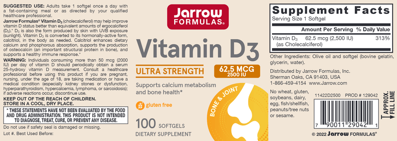 Vitamin D3 2500 IU Jarrow Formulas label