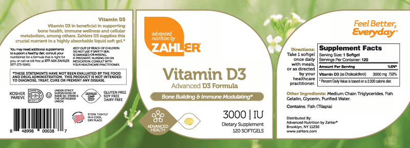 Vitamin D3 3000 IU Softgels (Advanced Nutrition by Zahler) Label