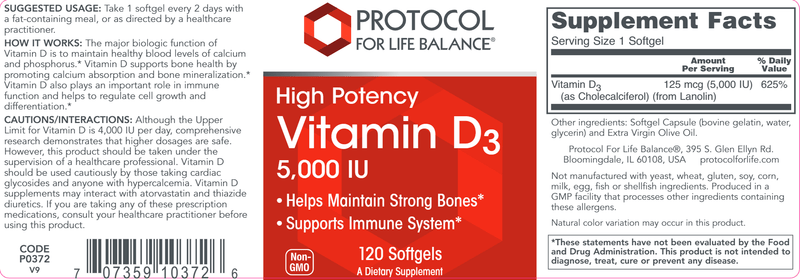 Vitamin D3 5000 IU (Protocol for Life Balance) Label