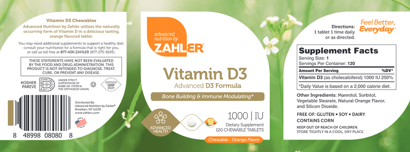 Vitamin D3 Chewable 1000 IU (Advanced Nutrition by Zahler) Label