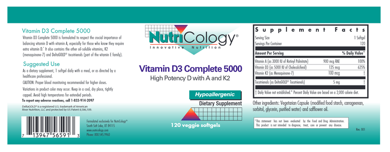 Vitamin D3 Complete 5000 Daily Balance with A and K2 120ct label Nutricology