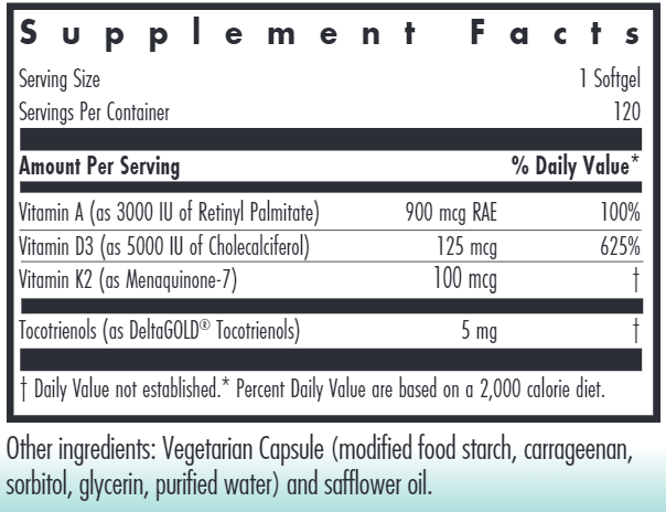 Vitamin D3 Complete 5000 Daily Balance with A and K2 120ct supplement facts Nutricology