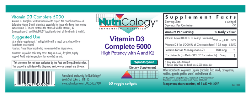 Vitamin D3 Complete 5000 Daily Balance with A and K2 60ct label Nutricology