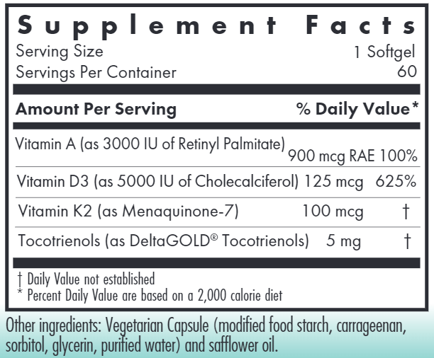 Vitamin D3 Complete 5000 Daily Balance with A and K2 60ct supplement facts Nutricology