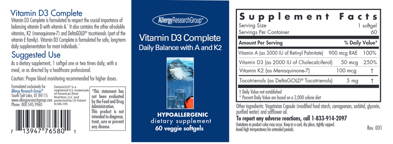 Vitamin D3 Complete Daily Balance 60ct label Allergy Research Group