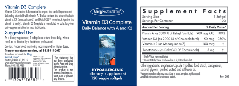 Vitamin D3 Complete Daily Balance Allergy Research Group label
