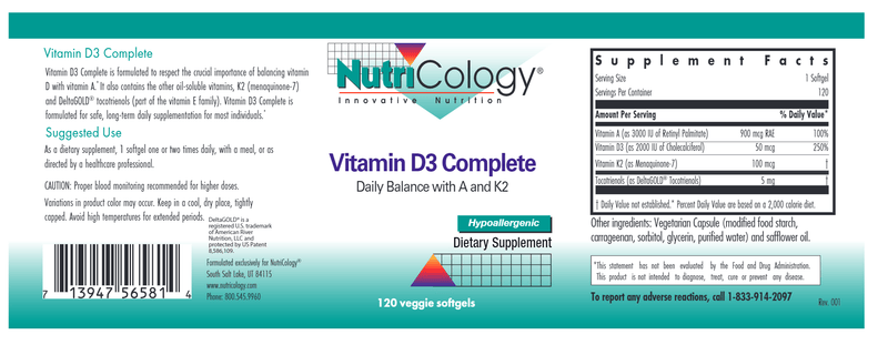 Vitamin D3 Complete Daily Balance with A and K2 120ct label Nutricology