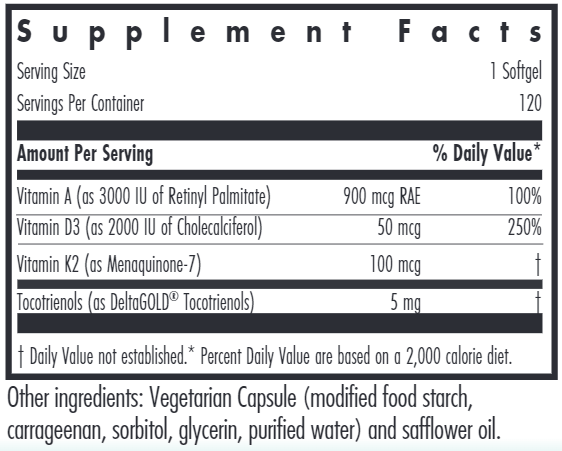 Vitamin D3 Complete Daily Balance with A and K2 120ct supplement facts Nutricology