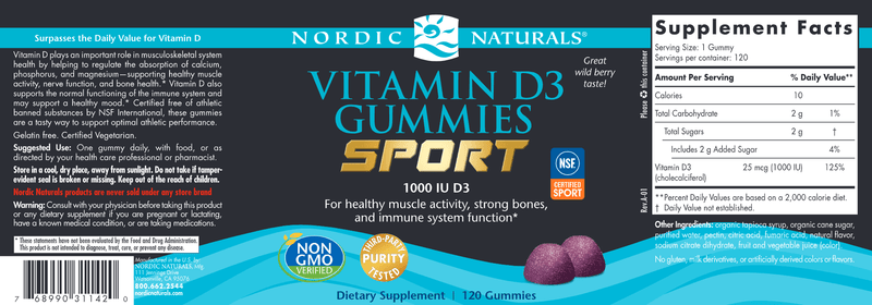 Vitamin D3 Gummies Sport 120 Gummies Wild Berry (Nordic Naturals) Label