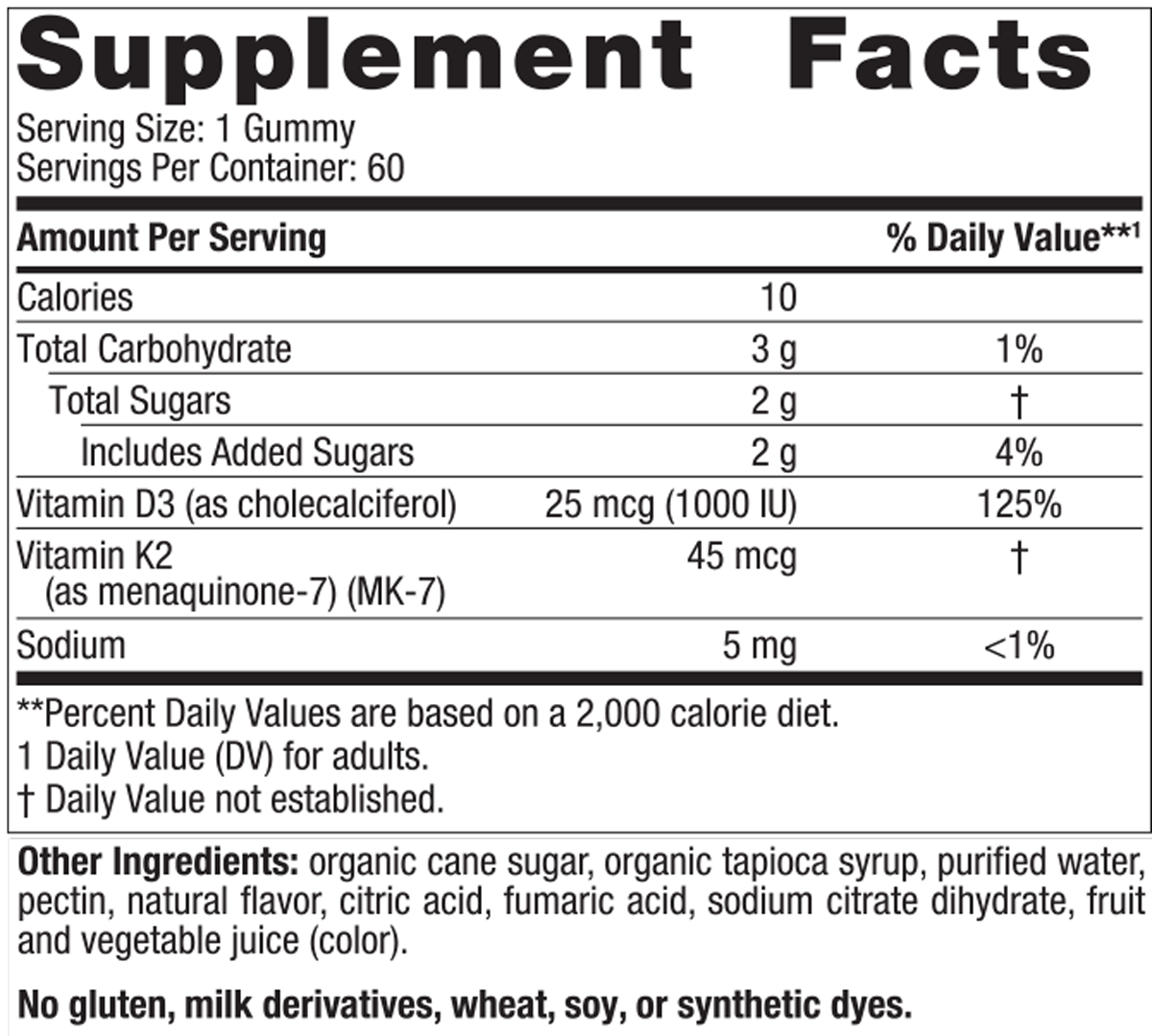 Vitamin D3+K2 Gummies 60 Gummies Pomegranate Supplement Facts Label