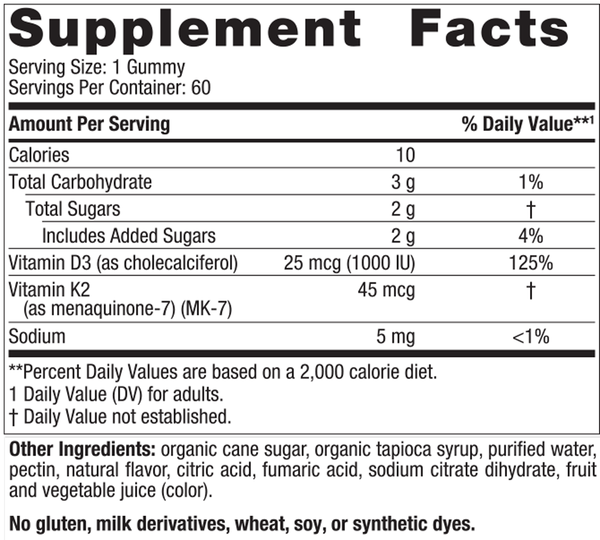 Vitamin D3+K2 Gummies 60 Gummies Pomegranate Supplement Facts Label