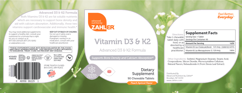 Vitamin D3 & K2 Chewable (Advanced Nutrition by Zahler) Label