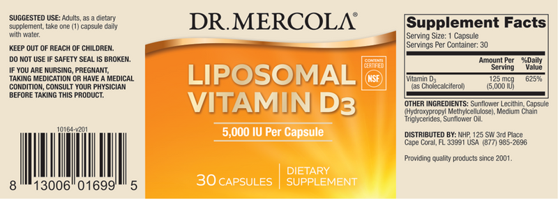 Liposomal Vitamin D3 5000 IU (Dr. Mercola) label