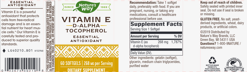 Vitamin E 400 IU 60 softgels (Nature's Way) label