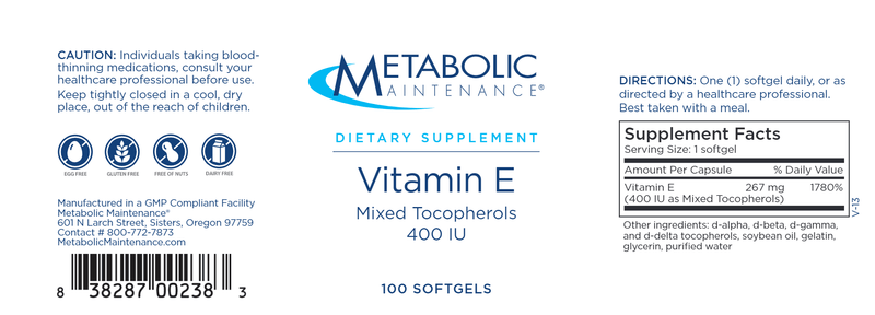 Vitamin E Complex 400 IU (Metabolic Maintenance) label